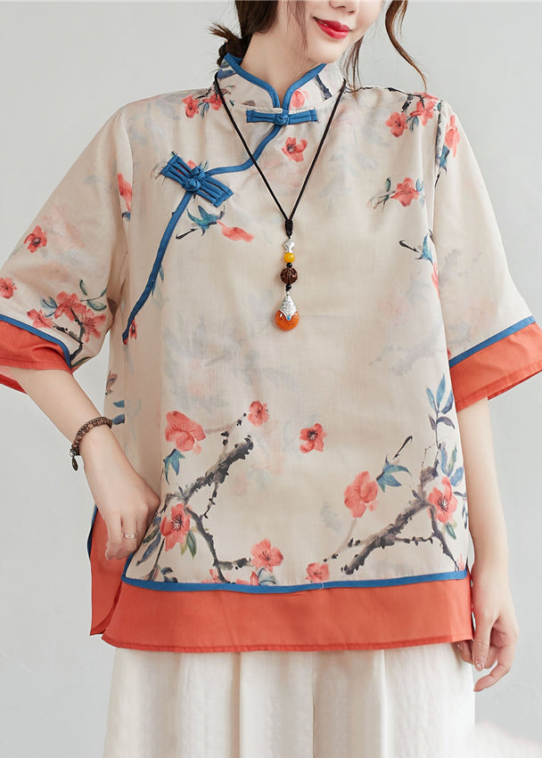 Chinese Style Orange Stand Collar Print Linen Blouse Top Half Sleeve