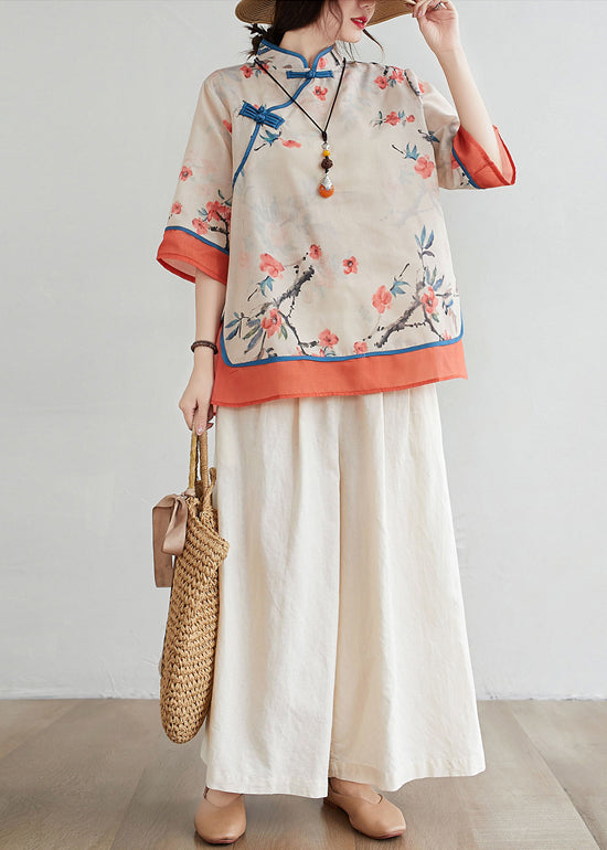 Chinese Style Orange Stand Collar Print Linen Blouse Top Half Sleeve