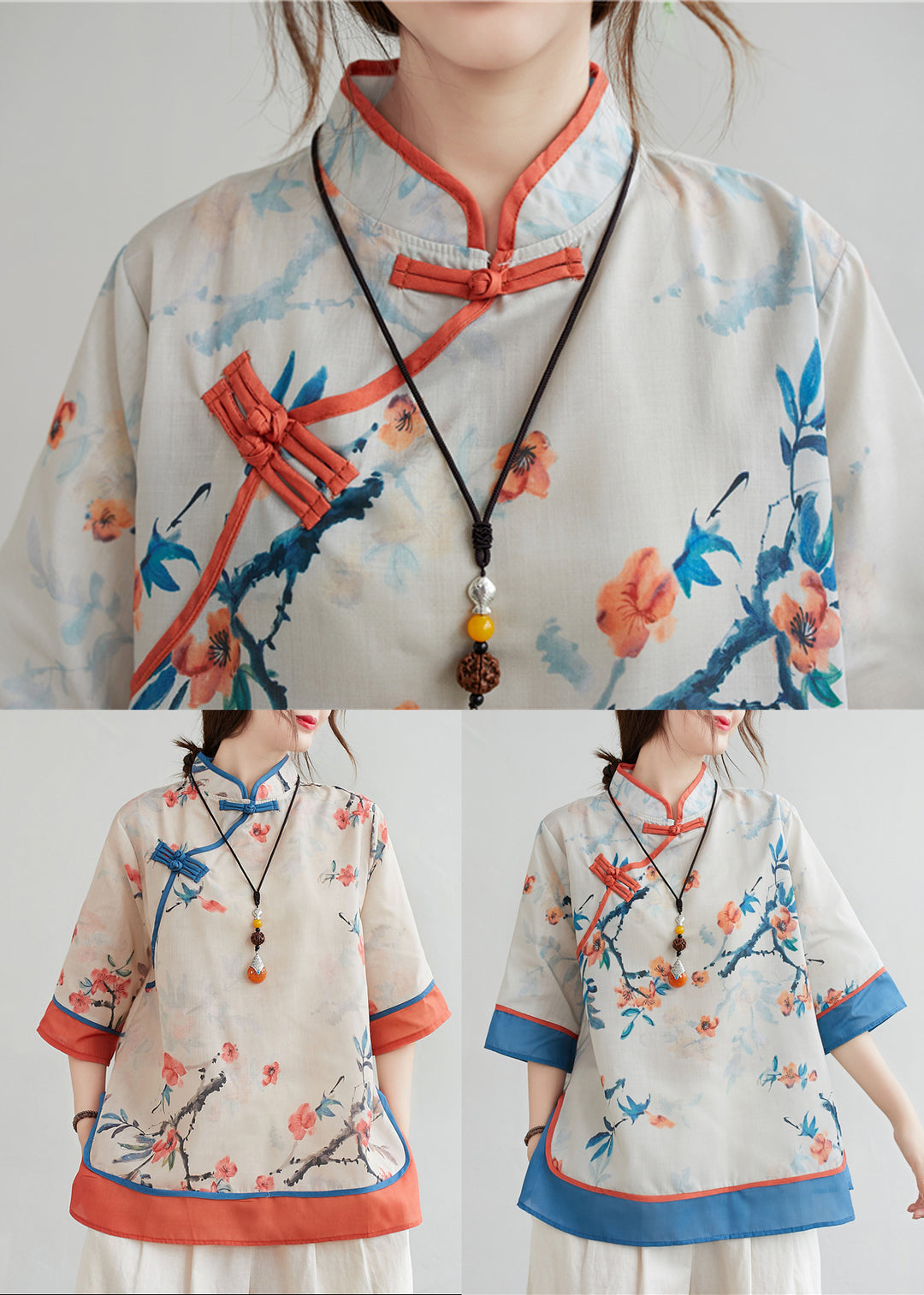 Chinese Style Orange Stand Collar Print Linen Blouse Top Half Sleeve