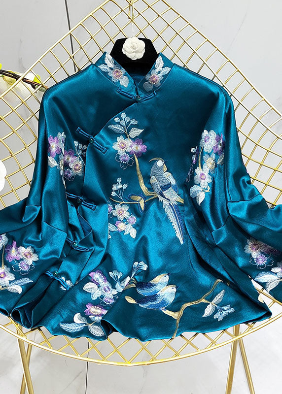Chinese Style Peacock Blue Stand Collar Embroidery Silk Coats Spring
