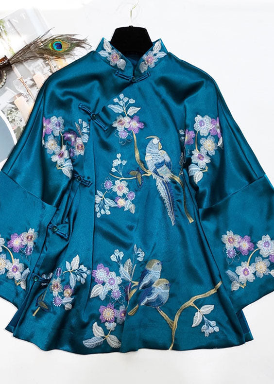 Chinese Style Peacock Blue Stand Collar Embroidery Silk Coats Spring