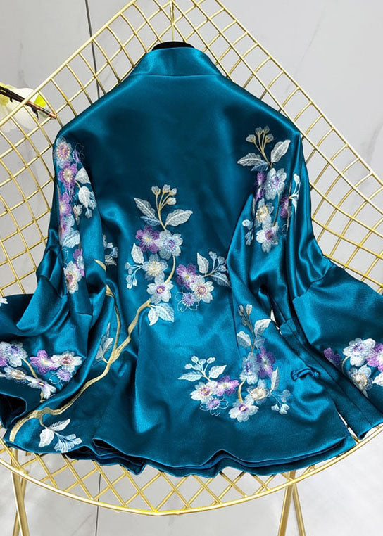 Chinese Style Peacock Blue Stand Collar Embroidery Silk Coats Spring