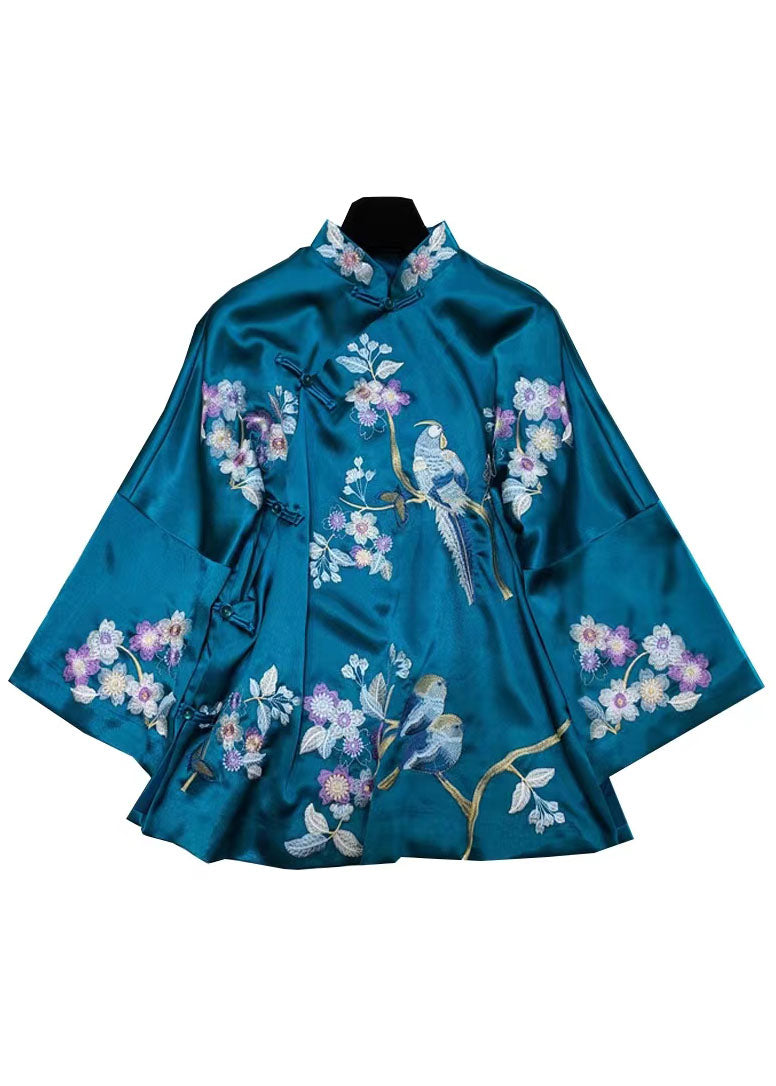 Chinese Style Peacock Blue Stand Collar Embroidery Silk Coats Spring