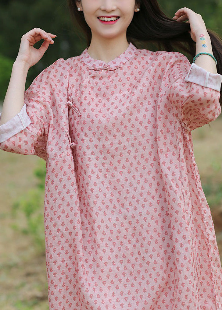 Chinese Style Pink Button Print Cotton Long Dress Spring