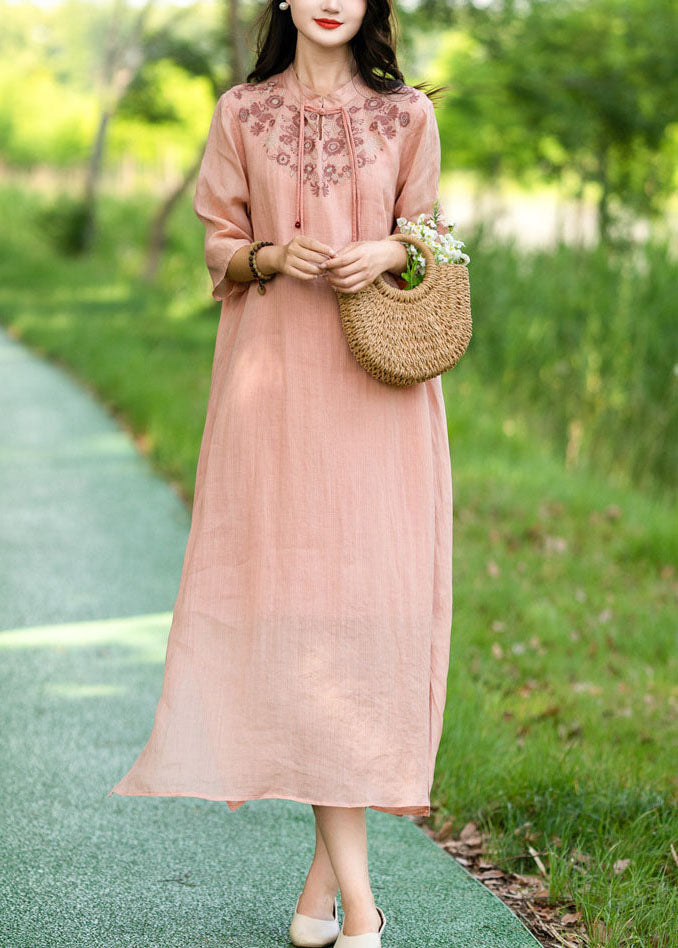 Chinese Style Pink Embroideried Patchwork Linen Long Dress Summer