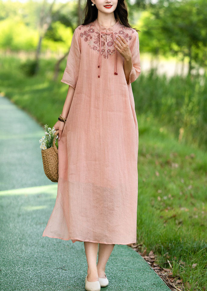 Chinese Style Pink Embroideried Patchwork Linen Long Dress Summer