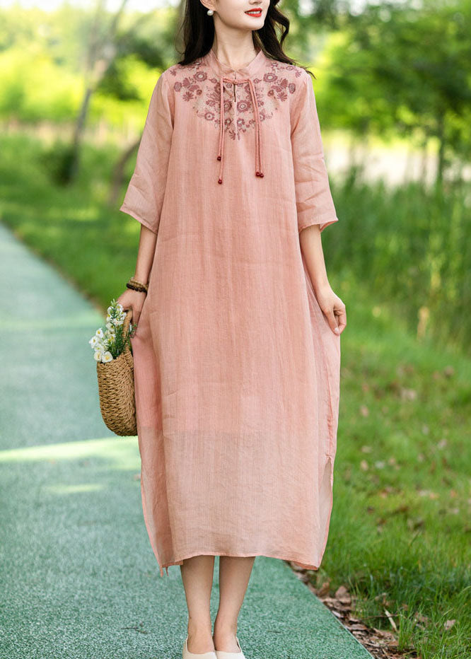 Chinese Style Pink Embroideried Patchwork Linen Long Dress Summer