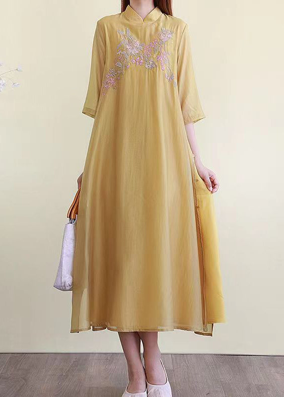 Chinese Style Pink Embroideried Side Open Cotton Dresses Summer