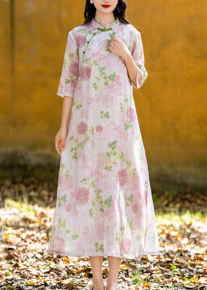 Chinese Style Pink Print Button Patchwork Linen Long Dresses Summer