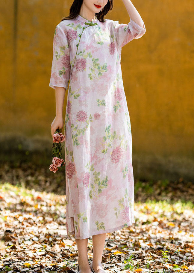 Chinese Style Pink Print Button Patchwork Linen Long Dresses Summer