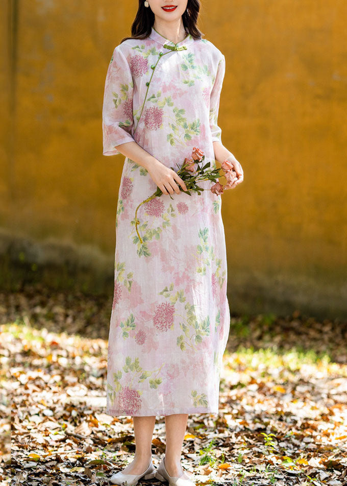 Chinese Style Pink Print Button Patchwork Linen Long Dresses Summer