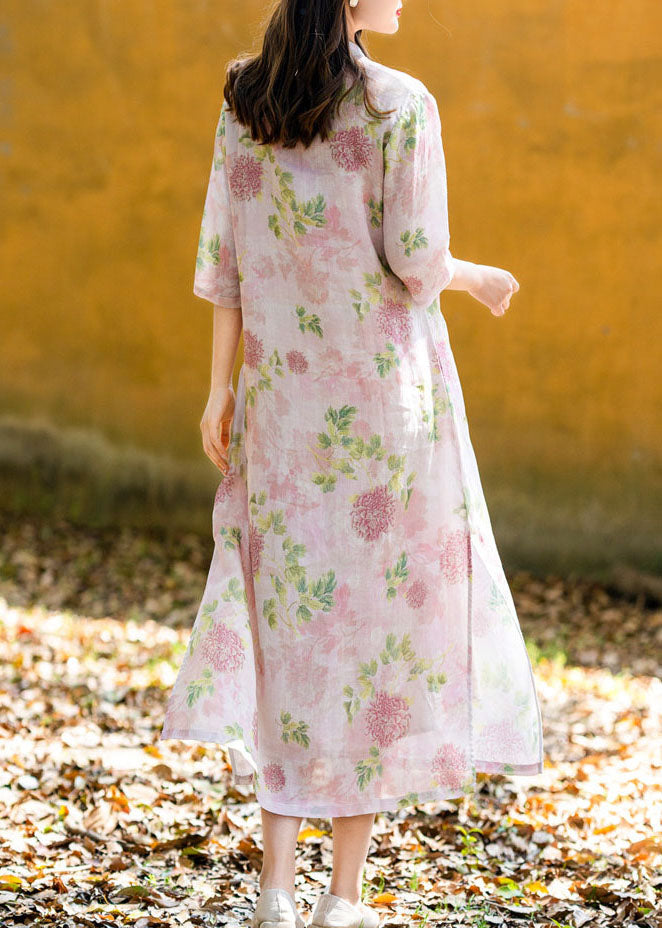 Chinese Style Pink Print Button Patchwork Linen Long Dresses Summer