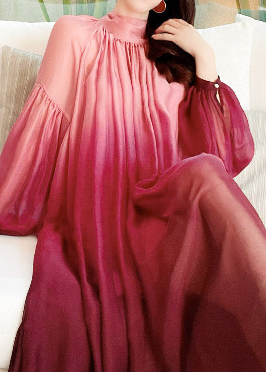Chinese Style Pink Stand Collar Gradient Color Silk Long Dress Puff Sleeve