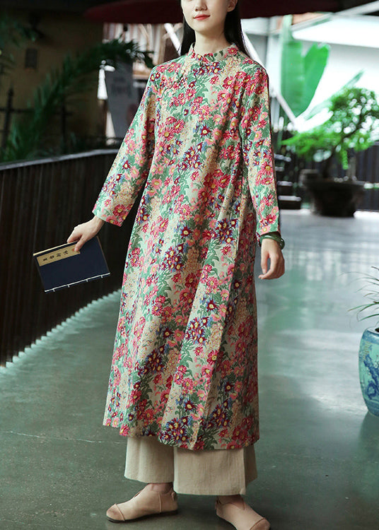 Chinese Style Print Button Patchwork Cotton Dresses Fall