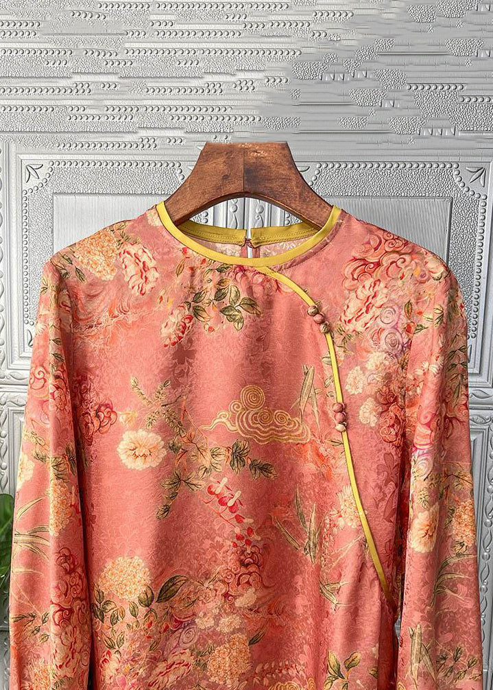 Chinese Style Print O-Neck Patchwork Silk Tops Fall
