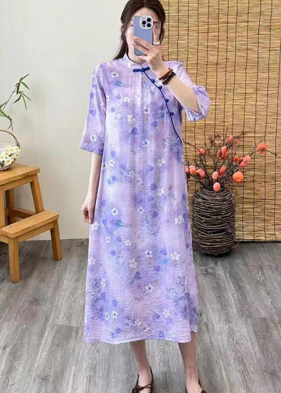 Chinese Style Purple Print Button Patchwork Linen Dresses Summer