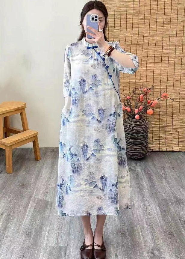 Chinese Style Purple Print Button Patchwork Linen Dresses Summer