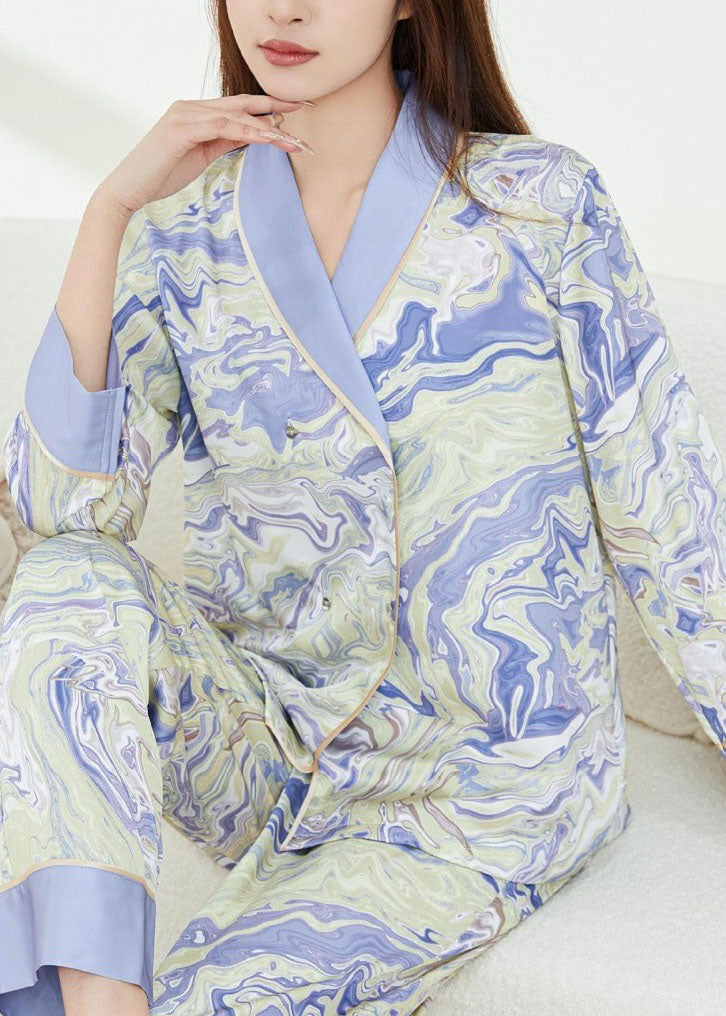 Chinese Style Purple Print Double Breast Ice Silk Pajamas Two Pieces Set Spring