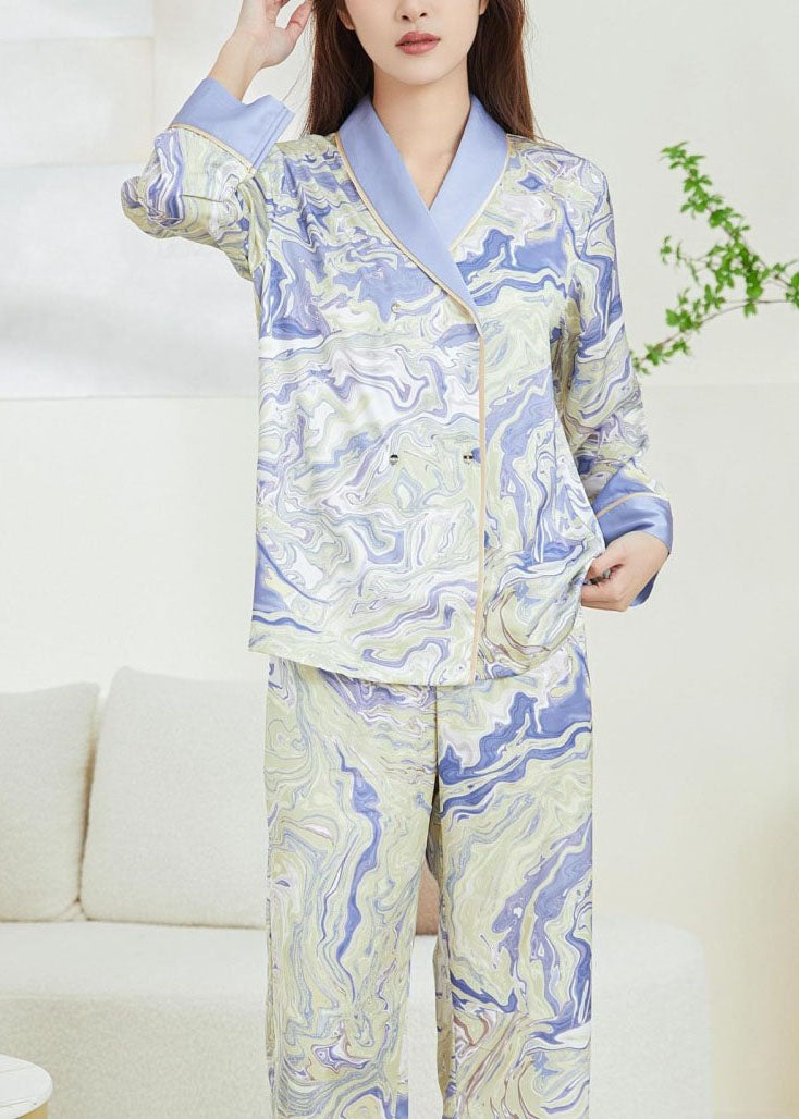 Chinese Style Purple Print Double Breast Ice Silk Pajamas Two Pieces Set Spring