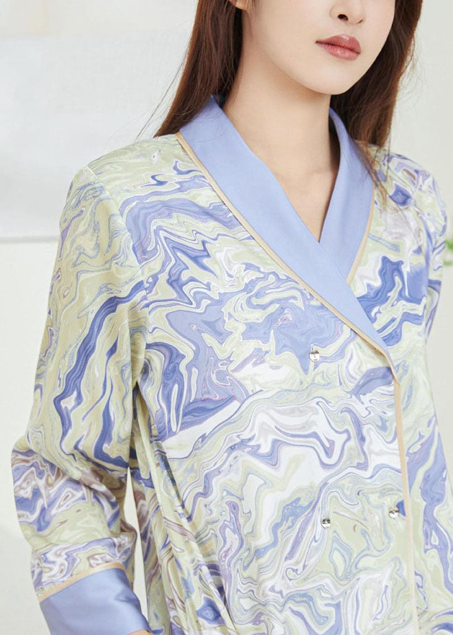 Chinese Style Purple Print Double Breast Ice Silk Pajamas Two Pieces Set Spring