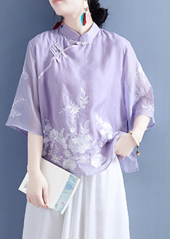 Chinese Style Purple Stand Collar Embroideried Button Silk Linen Shirt Bracelet Sleeve