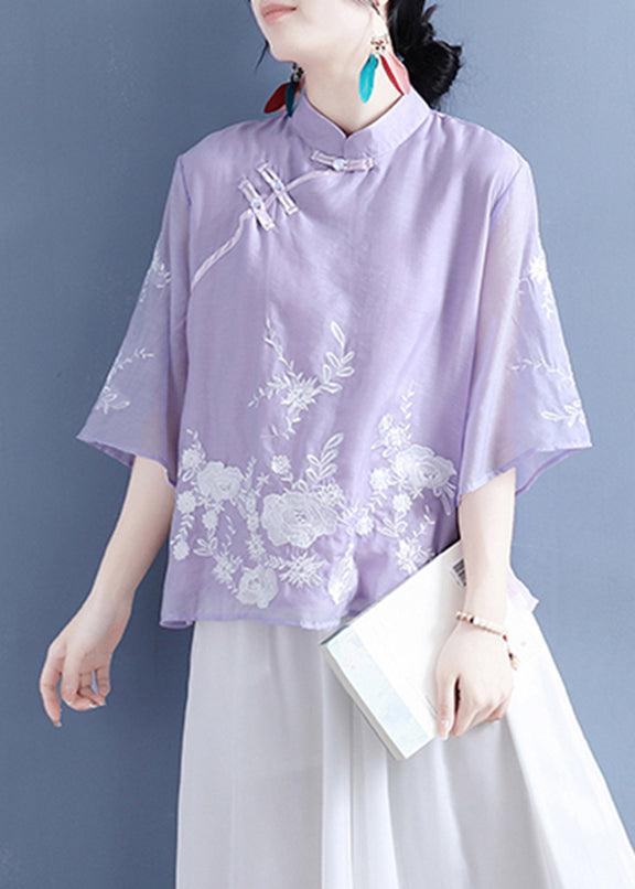 Chinese Style Purple Stand Collar Embroideried Button Silk Linen Shirt Bracelet Sleeve