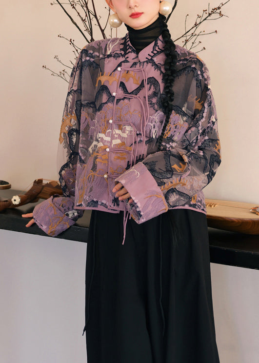 Chinese Style Purple Tasseled Embroideried Patchwork Tulle Coats Fall