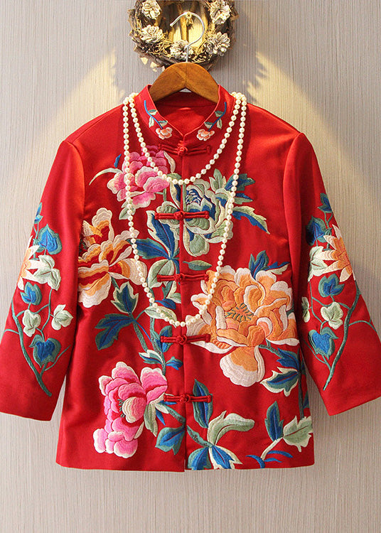 Chinese Style Red Embroideried Floral Coats Spring