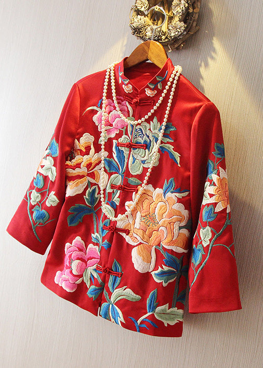 Chinese Style Red Embroideried Floral Coats Spring