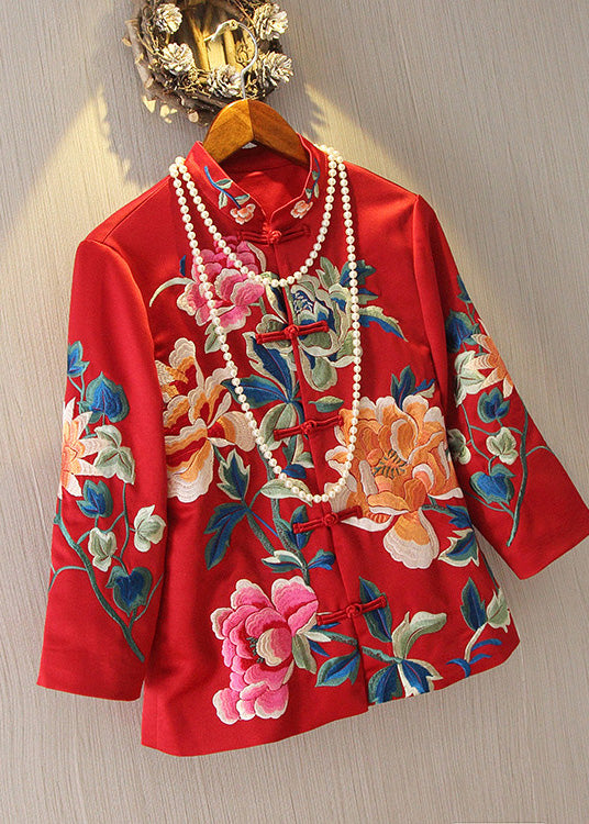 Chinese Style Red Embroideried Floral Coats Spring