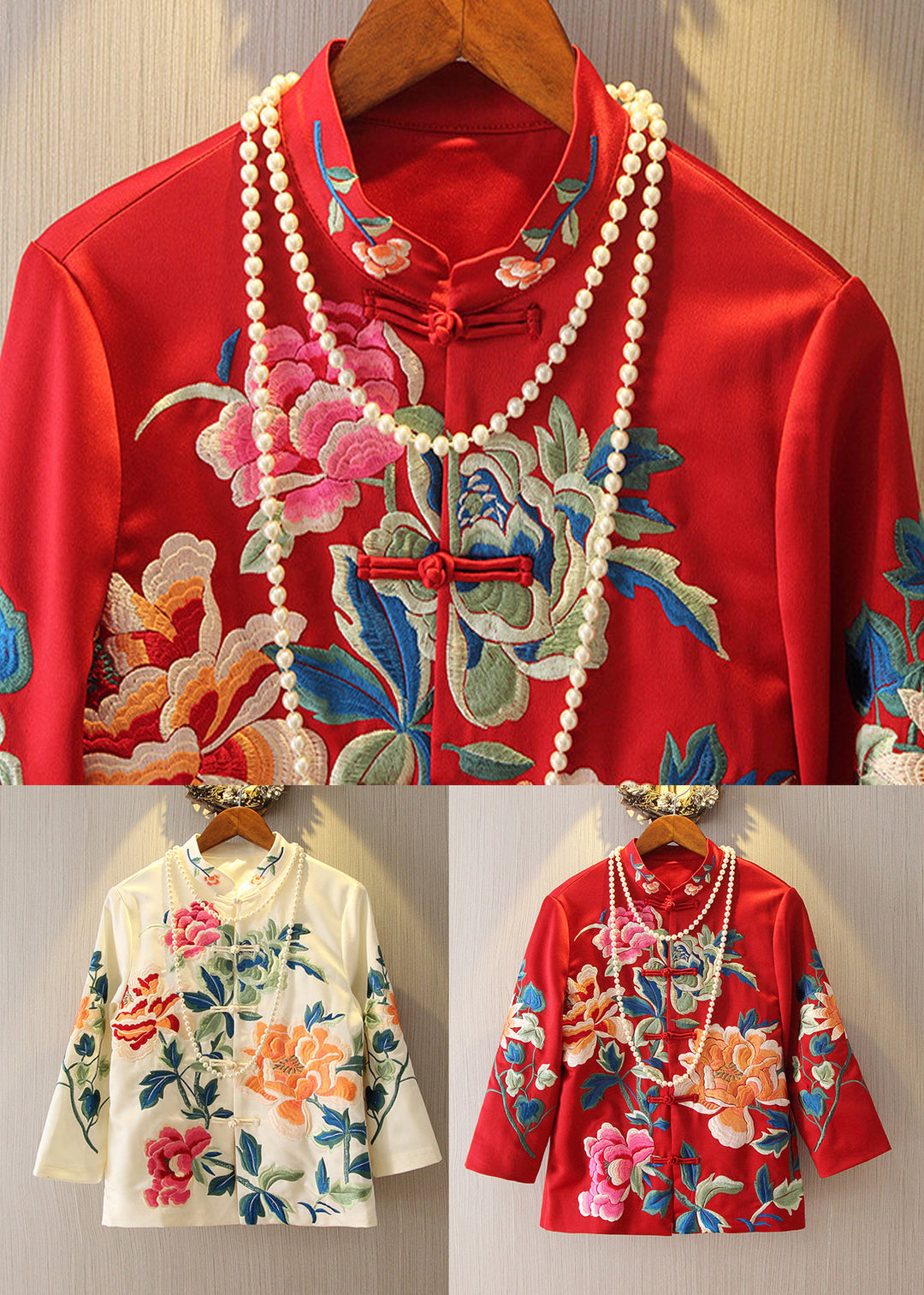 Chinese Style Red Embroideried Floral Coats Spring