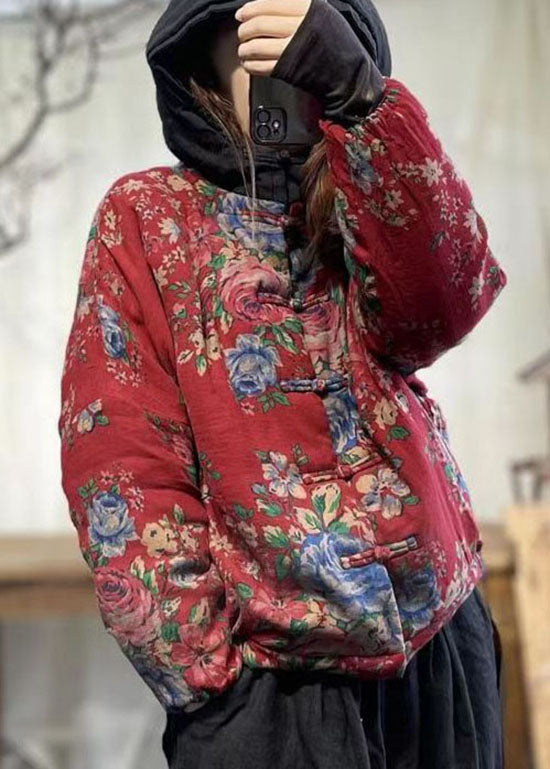 Chinese Style Red Print Patchwork Fine Cotton Filled Hoodie Coat Winter