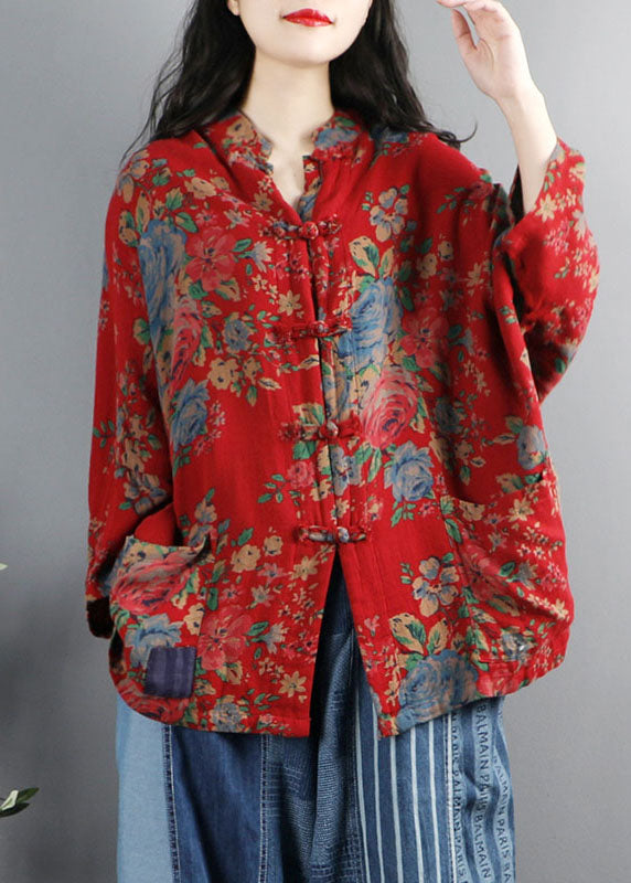 Chinese Style Red Print Pockets Button Patchwork Cotton Coats Long Sleeve