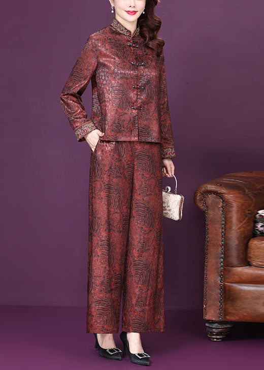 Chinese Style Red Print Tops And Pants Silk Two Pieces Set Spring