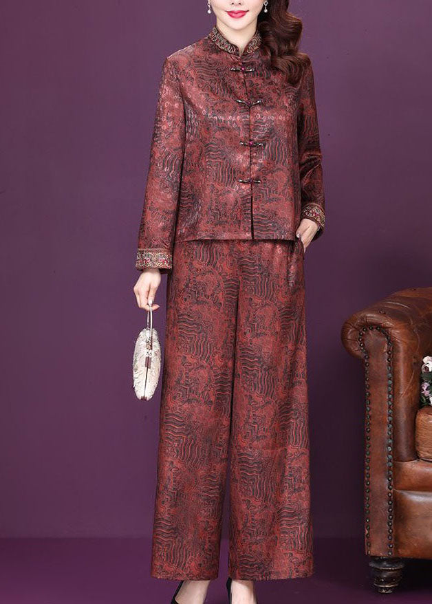 Chinese Style Red Print Tops And Pants Silk Two Pieces Set Spring