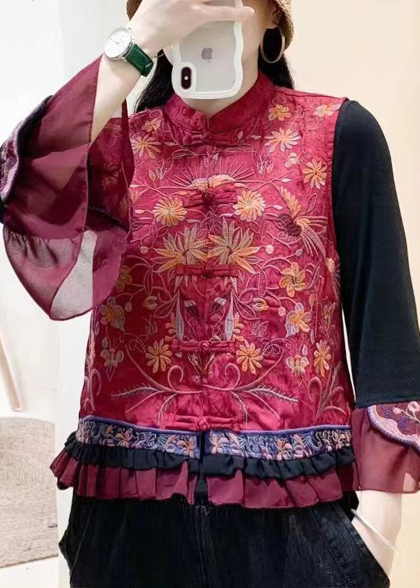 Chinese Style Red Ruffled Embroideried Button Silk Waistcoat Sleeveless