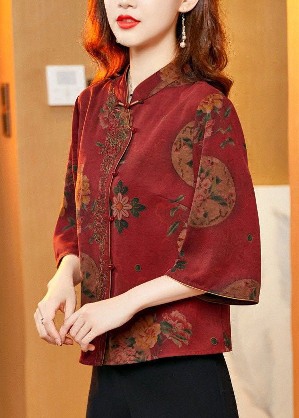 Chinese Style Red Stand Collar Button Silk Two Pieces Set Summer