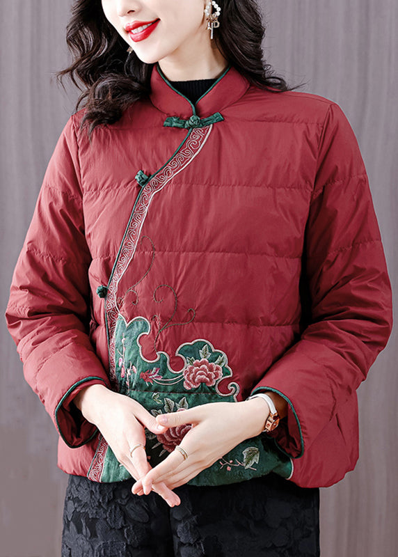 Chinese Style Red Stand Collar Embroideried Fine Cotton Filled Jackets Winter