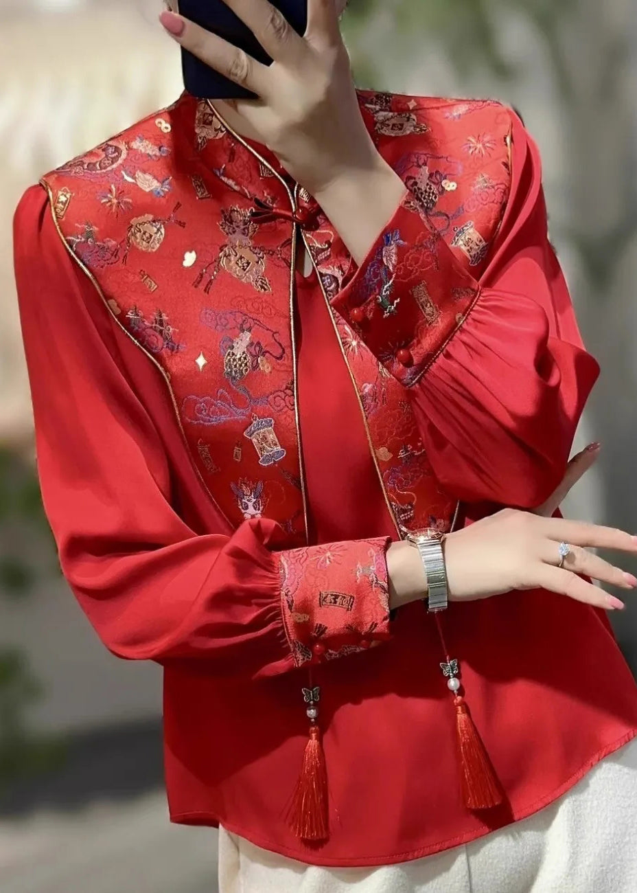 Chinese Style Red Stand Collar False Two Pieces Silk Shirt Top Spring