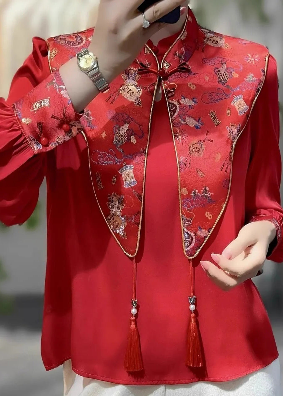 Chinese Style Red Stand Collar False Two Pieces Silk Shirt Top Spring