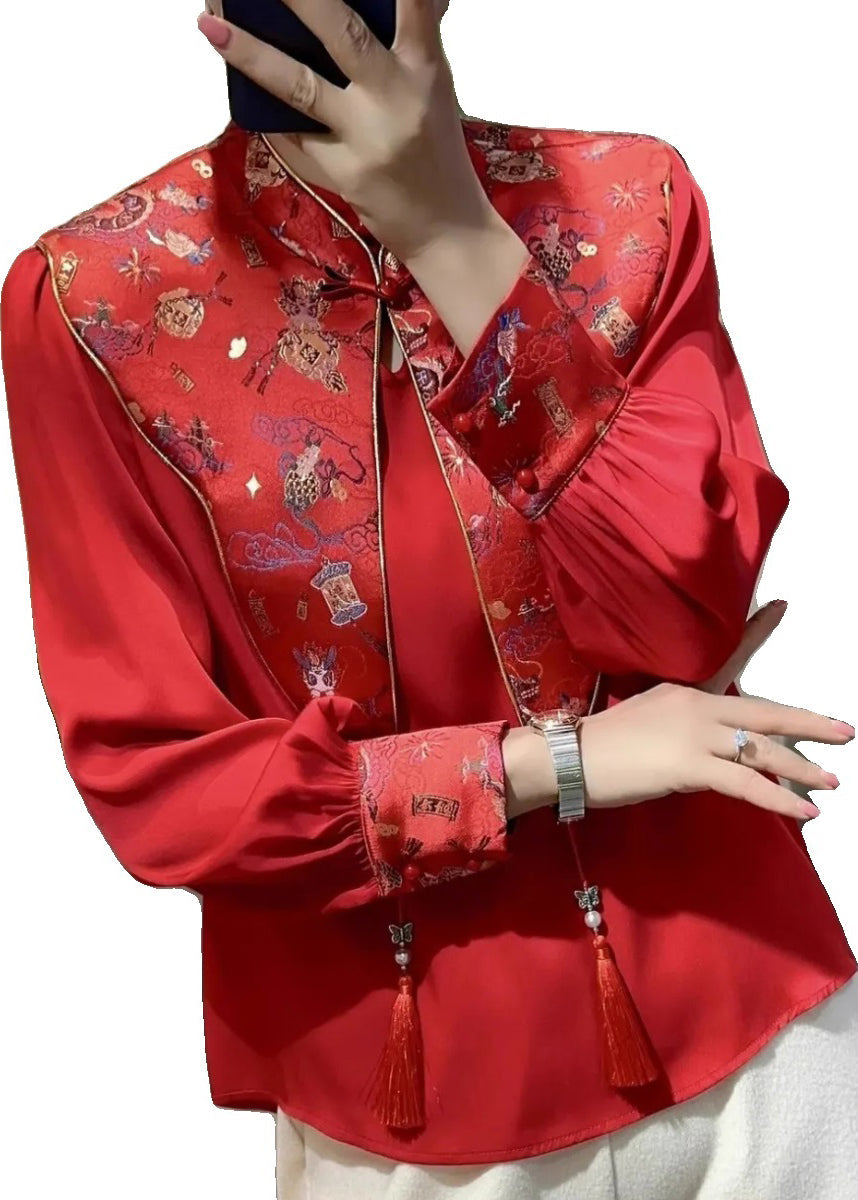 Chinese Style Red Stand Collar False Two Pieces Silk Shirt Top Spring