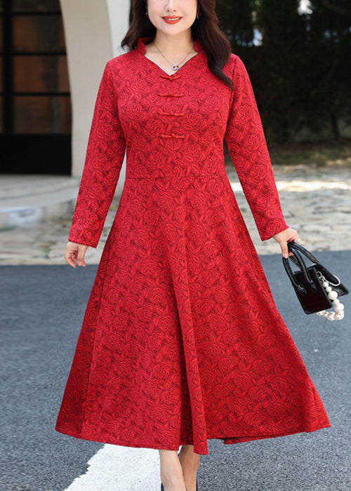 Chinese Style Red V Neck Patchwork Lace Long Dresses Fall