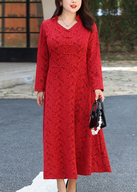 Chinese Style Red V Neck Patchwork Lace Long Dresses Fall