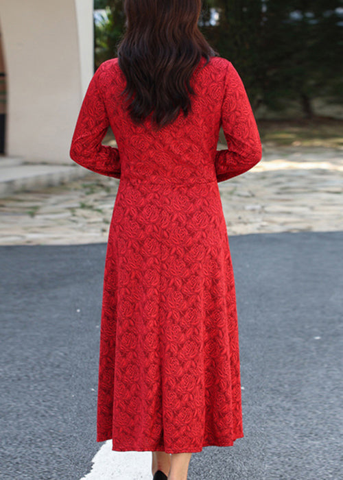 Chinese Style Red V Neck Patchwork Lace Long Dresses Fall