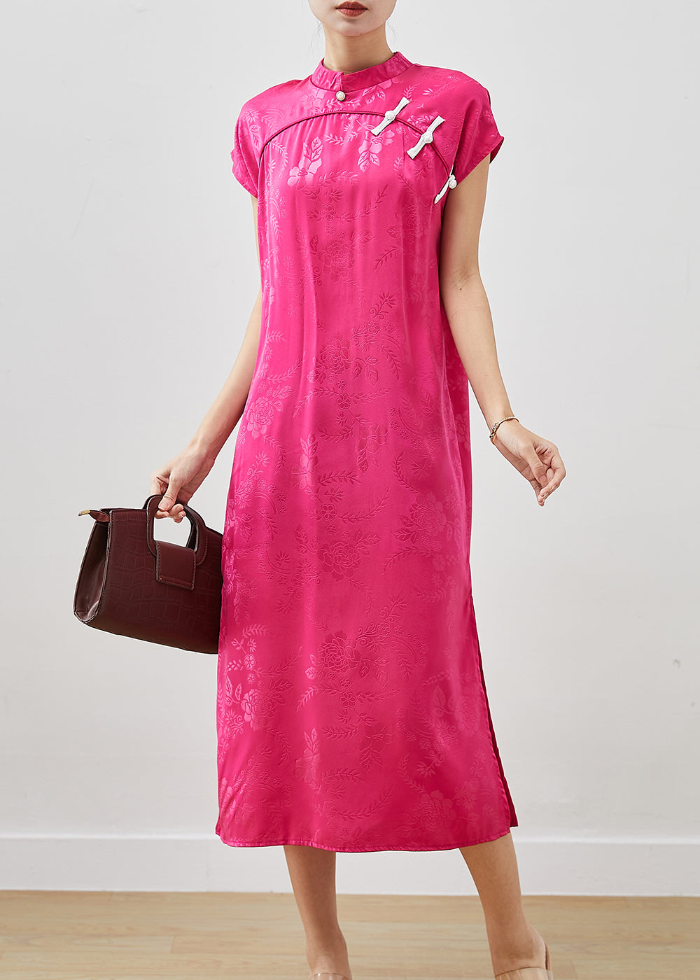 Chinese Style Rose Jacquard Silm Fit Silk Dress Cheongsam Summer