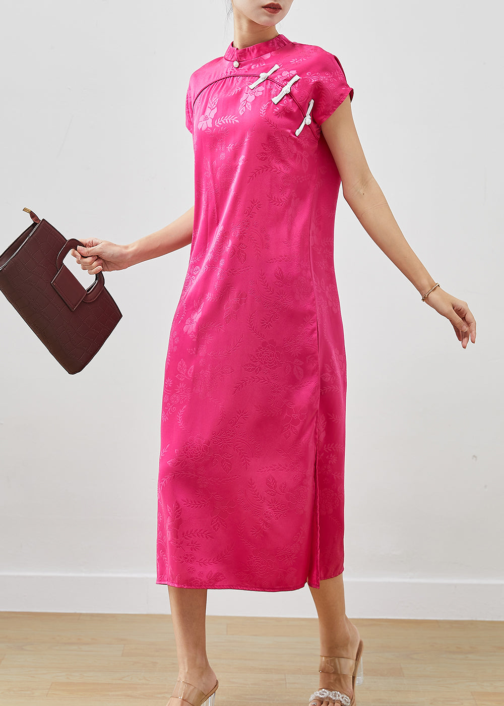 Chinese Style Rose Jacquard Silm Fit Silk Dress Cheongsam Summer