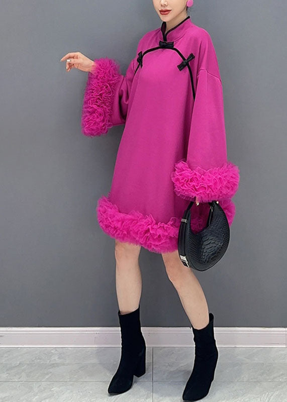 Chinese Style Rose Stand Collar Tulle Patchwork Mid Dress Long Sleeve