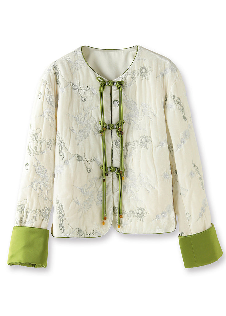 Chinese Style White Embroideried Button Silk Velour Parka Long Sleeve