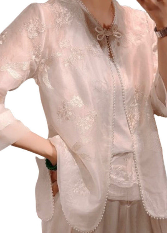 Chinese Style White Embroideried Patchwork Silk Shirt Summer