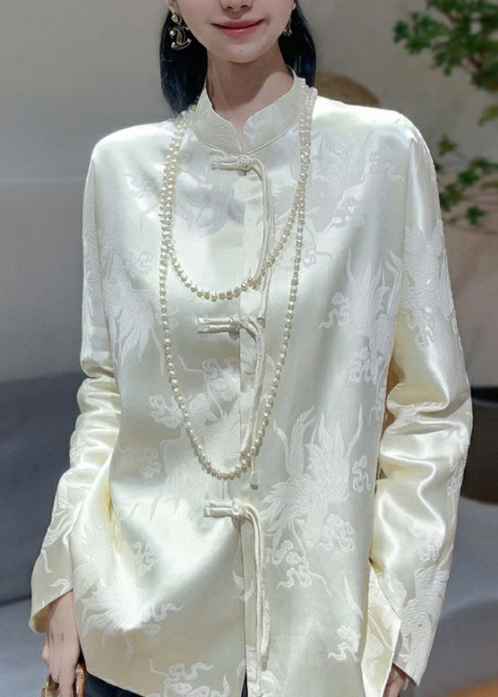 Chinese Style White Jacquard Chinese Button Silk Blouses Fall
